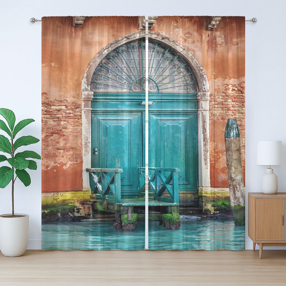 ABAKUHAUS Venice Rustiek Gordijn, Deurmotief, Woonkamer met Banden, Lussen en Haken, 280 x 175 cm, Kaneelblauw