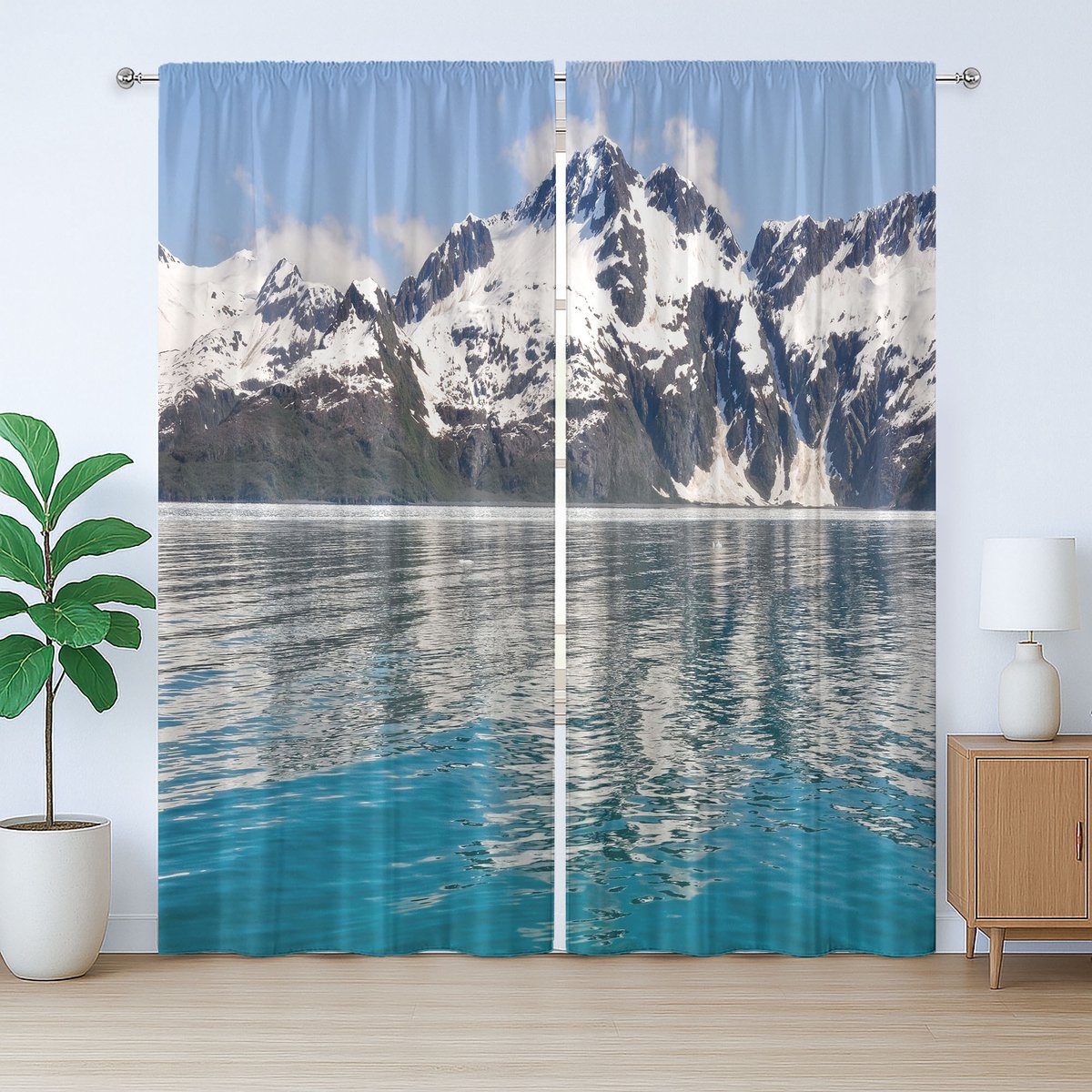 ABAKUHAUS Alaska Rustiek Gordijn, Aialik Bay Kenai Fjords, Slaapkamergordijn met plooien en haken, 280 x 175 cm, Groen Hemelsblauw