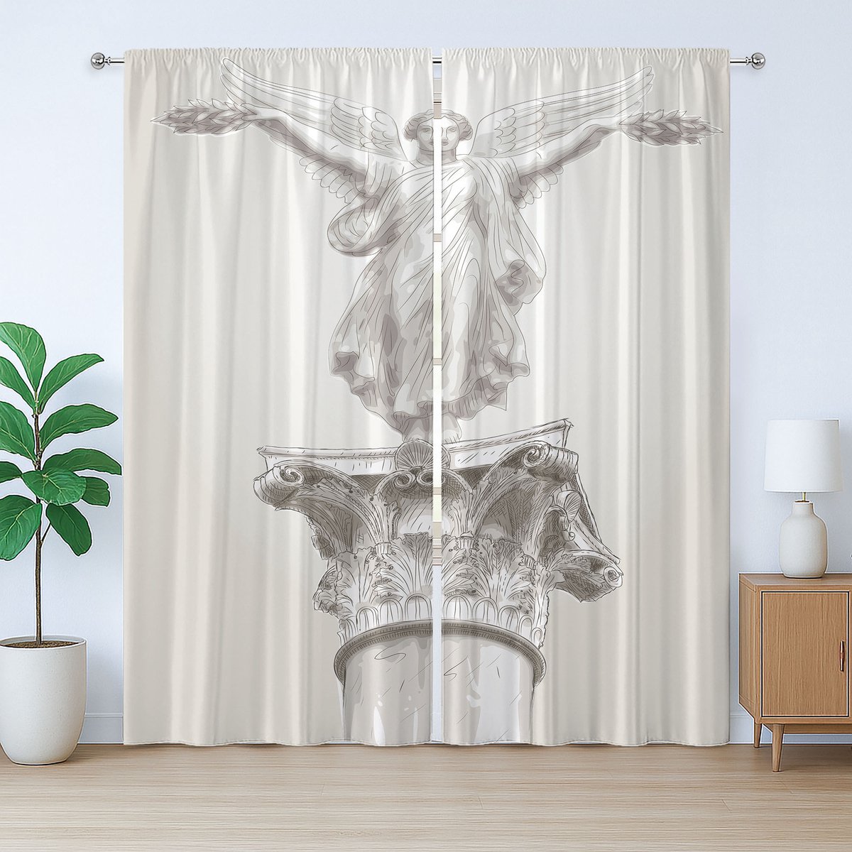ABAKUHAUS Witte rustieke gordijnen, Engel uit de Griekse mythologie, Universele gordijnen met lussen en haken voor de woonkamer, 280 x 225 cm, wit