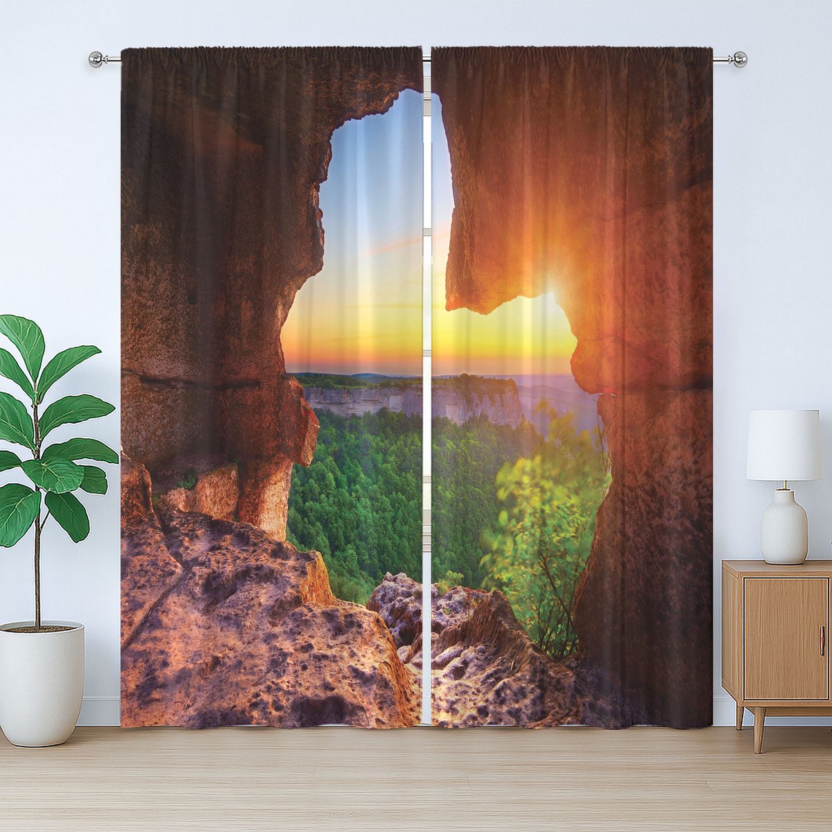 ABAKUHAUS Rustiek Landschap Gordijn, Canyon bij Zonsondergang, met Bandjes, Lussen en Haken voor de Woonkamer, 280 x 260 cm, Oranjegroen