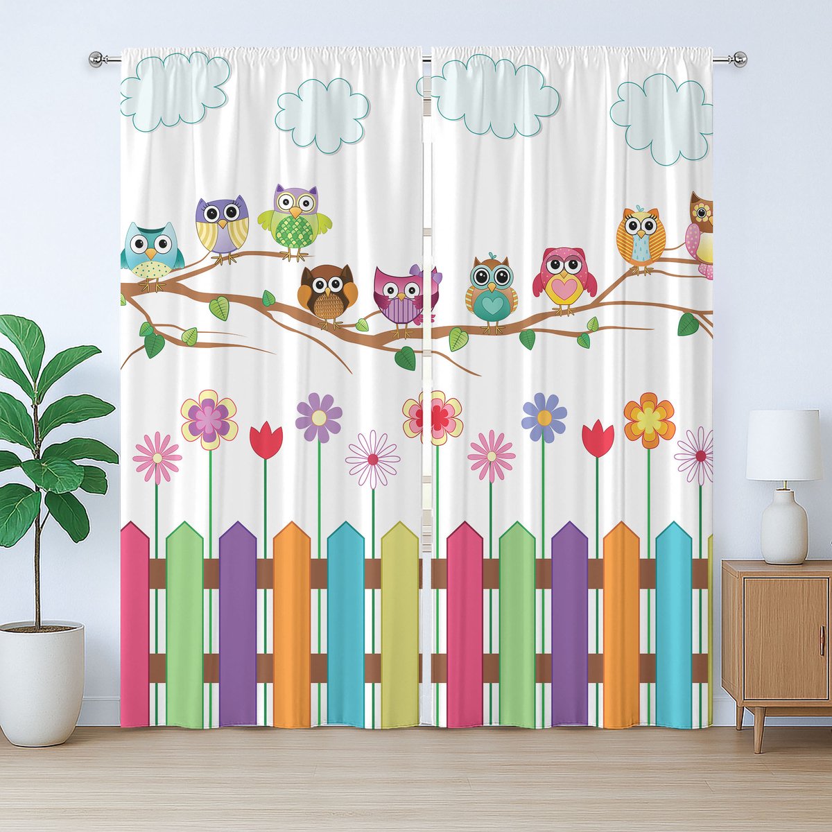 ABAKUHAUS Rustiek Uilengordijn, Vogel op Tak Zonnige Dag, Geplooid Gordijn voor Slaapkamer met Lussen en Haken, 280 x 175 cm, Roze Oranje