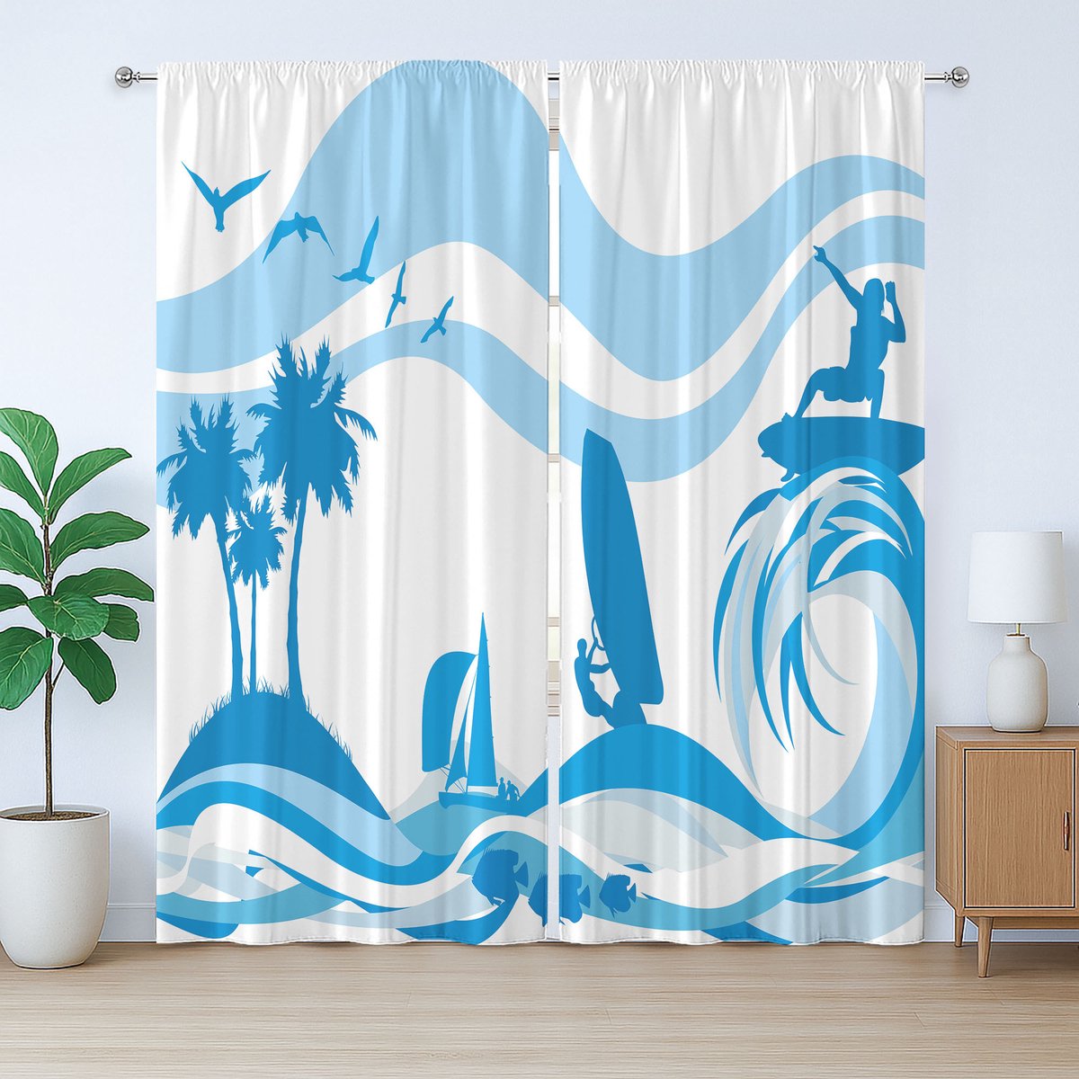 ABAKUHAUS Rustiek watergordijn, surfergolven zomer, slaapkamergordijn met plooien en haken, 280 x 175 cm, lichtblauw