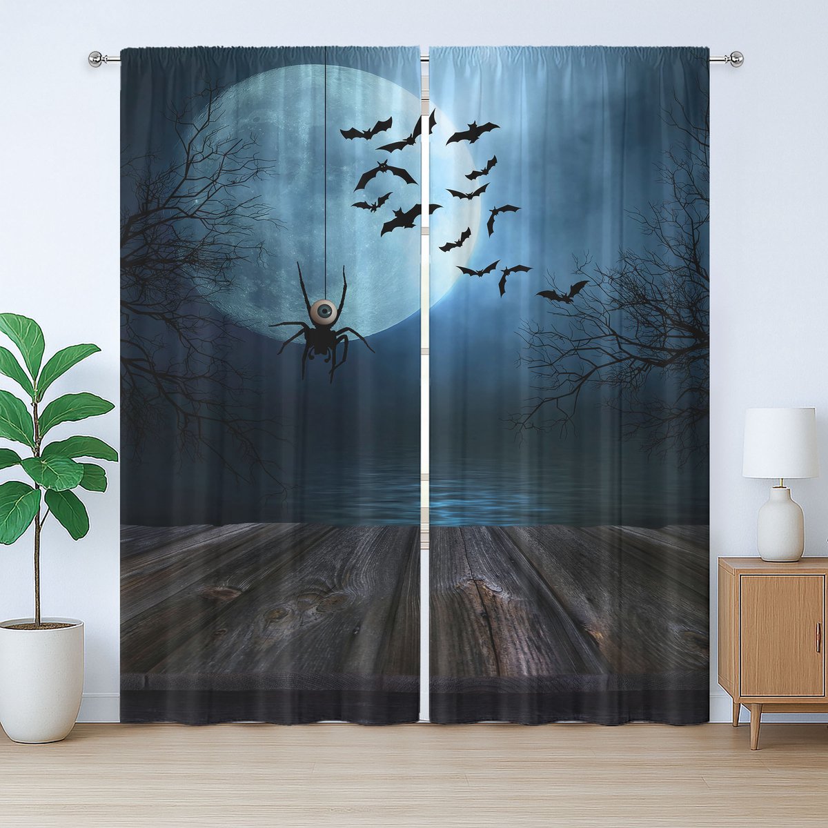 ABAKUHAUS Rustiek Halloweengordijn, Meerlandschap met Vleermuizen, Geplooid gordijn voor de slaapkamer met lussen en haken, 280 x 260 cm, Bruinblauw