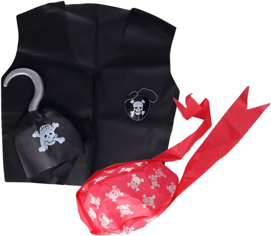 Ensemble d'accessoires coffre au trésor pirate 15 pièces (2 pistolets, main crochet, jumelles, crâne, drapeau, bandana, cache-oeil, poignard, carte au trésor, ...)