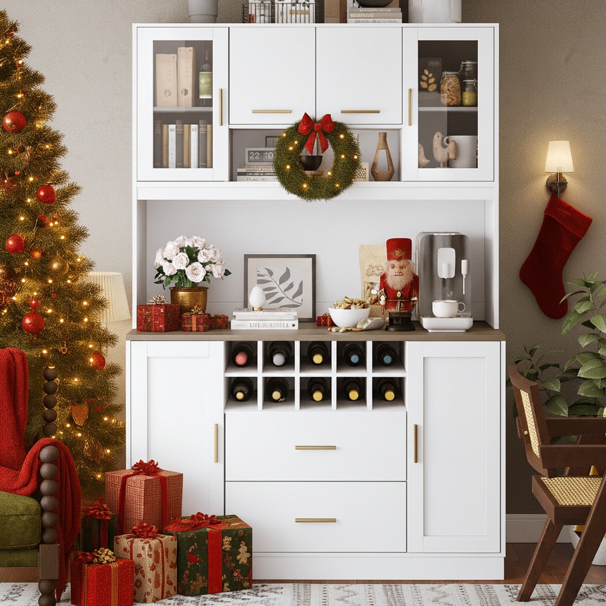 Keukenkast - 120x36.3x180 cm - Buffetkast met Led en Stopcontact - 6 Deuren en 2 Laden - Hout - Wit