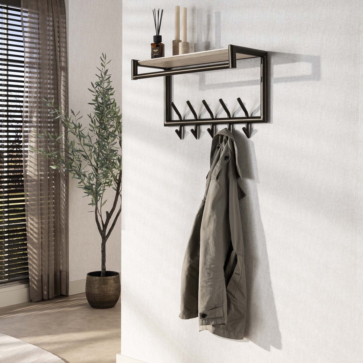 Wandkapstok Aria 2x5 haken Travertine Melamine Bronskleurig