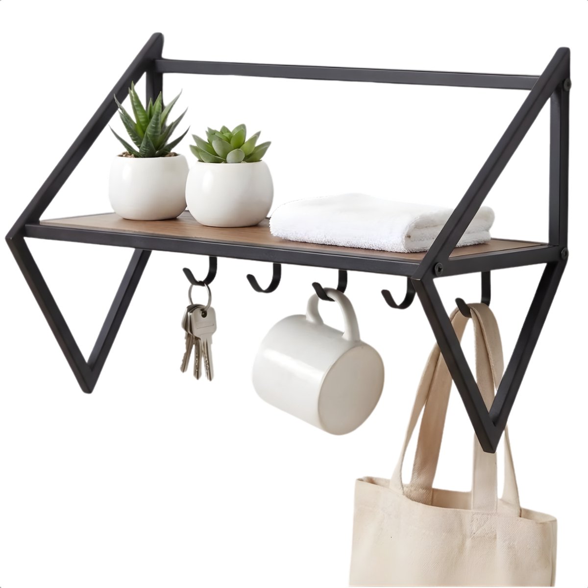 Cheqo® Wandkapstok - Kapstok met Plank - Wandkapstok met Plank - Wandkapstok met Haken - Wandkapstok 7 Haken - Zwarte Wandkapstok - Kapstok Hal - Kapstok Industrieel Zwart