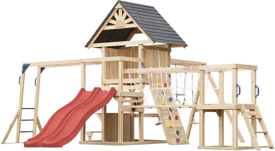 Aire de jeux en bois avec double toboggan rouge, balançoires, pont de corde et mur d'escalade.