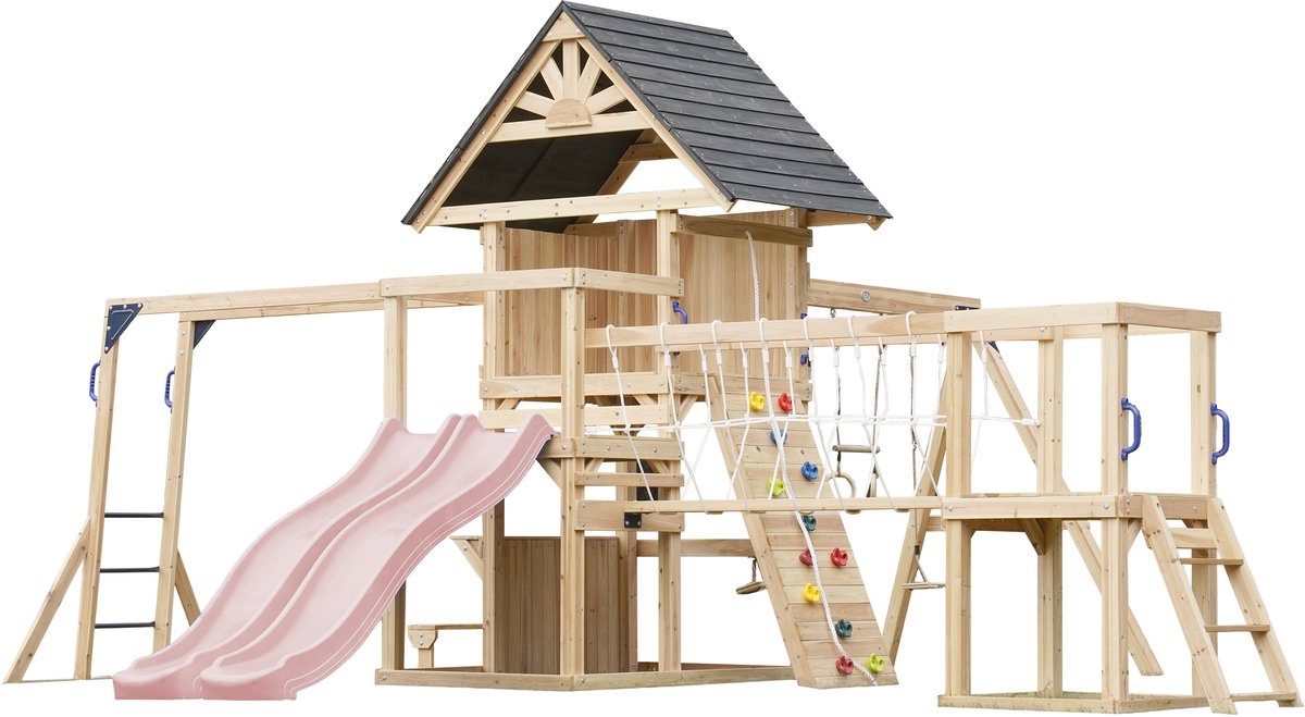 AIre de jeux 2 balançoires, toboggan et pont suspendu - bois FSC® - H270 cm - BRUYÈRE SKYWOOD