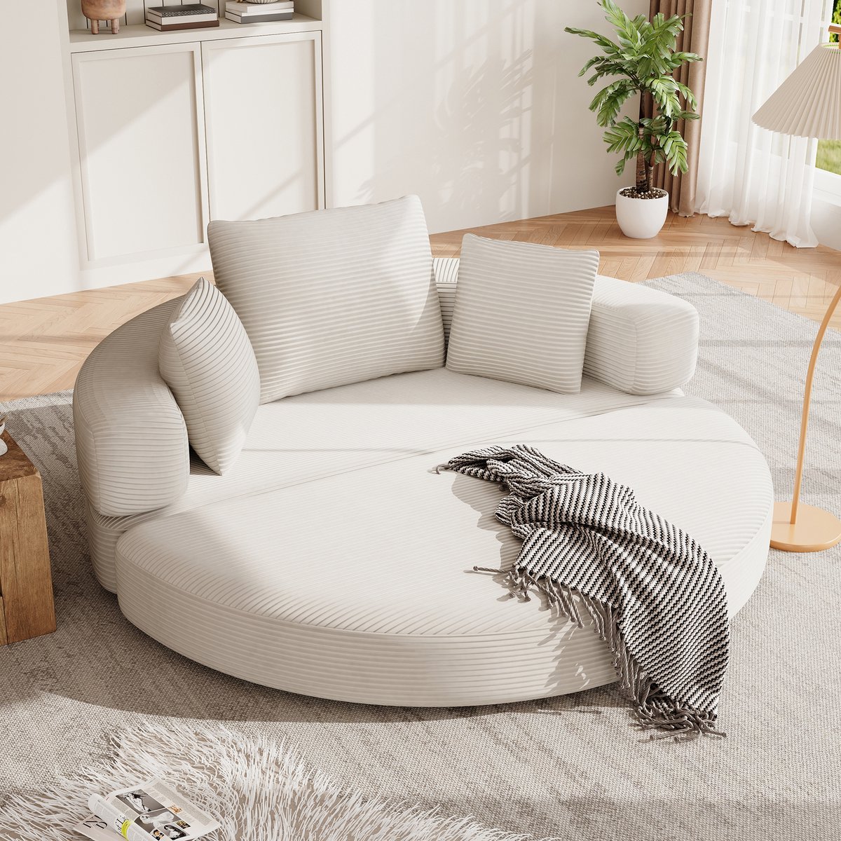 MODFU - Opvouwbare Slaapbank - 2-In-1 - Halfrond Ontwerp - Voor Woonkamer Of Slaapkamer - Schuim En Cordstof - Lichtbeige - 173 x 176 cm