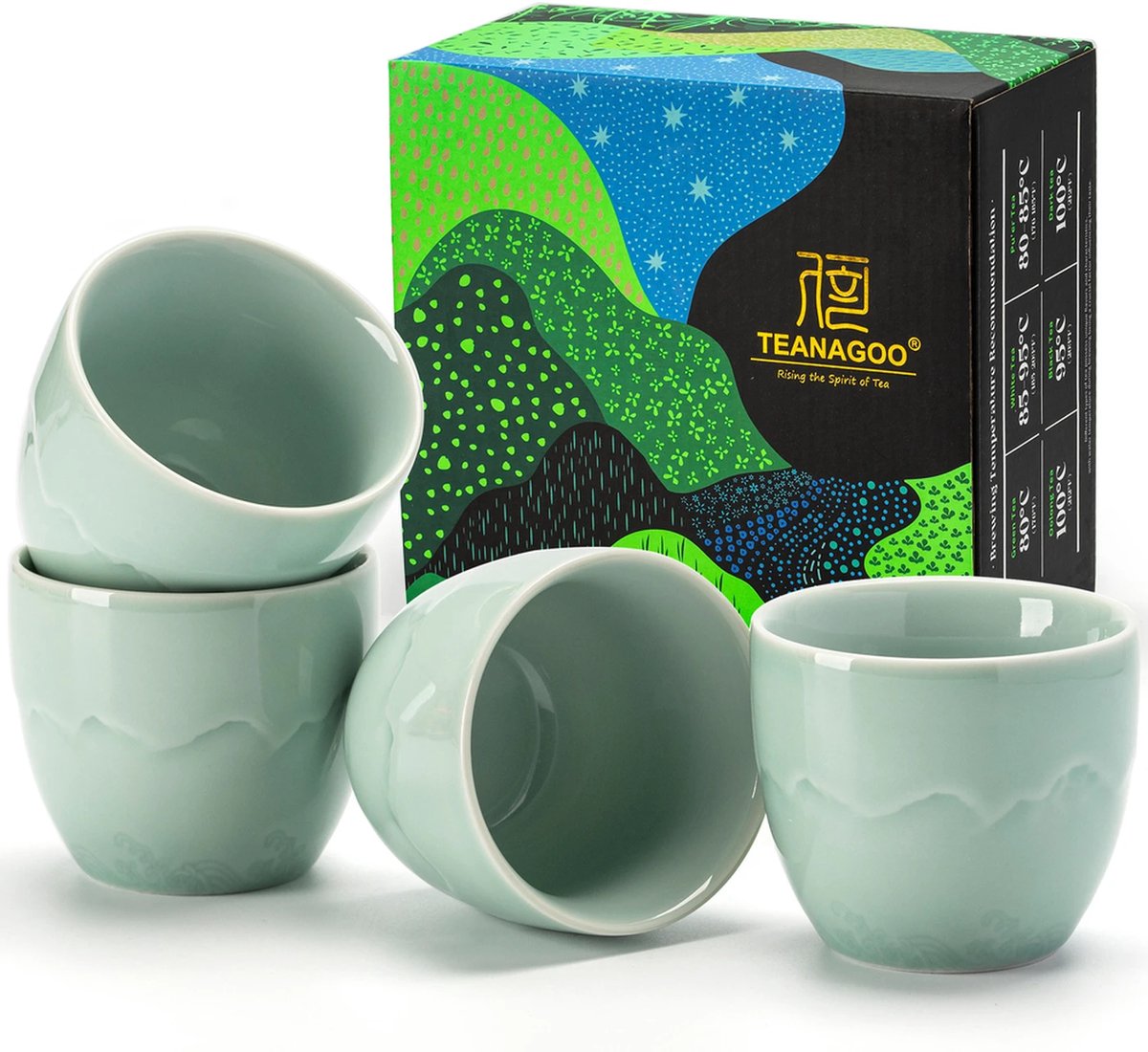 Japanse Theekopjes Set van 4 - 160ml Keramiek - Licht Blauwe Kleurverloop - Thee Kopjes Zonder Oor - Geschikt voor Thee, Sake en Koffie - Magnetron- en vaatwasmachinebestendig - FluxGoods