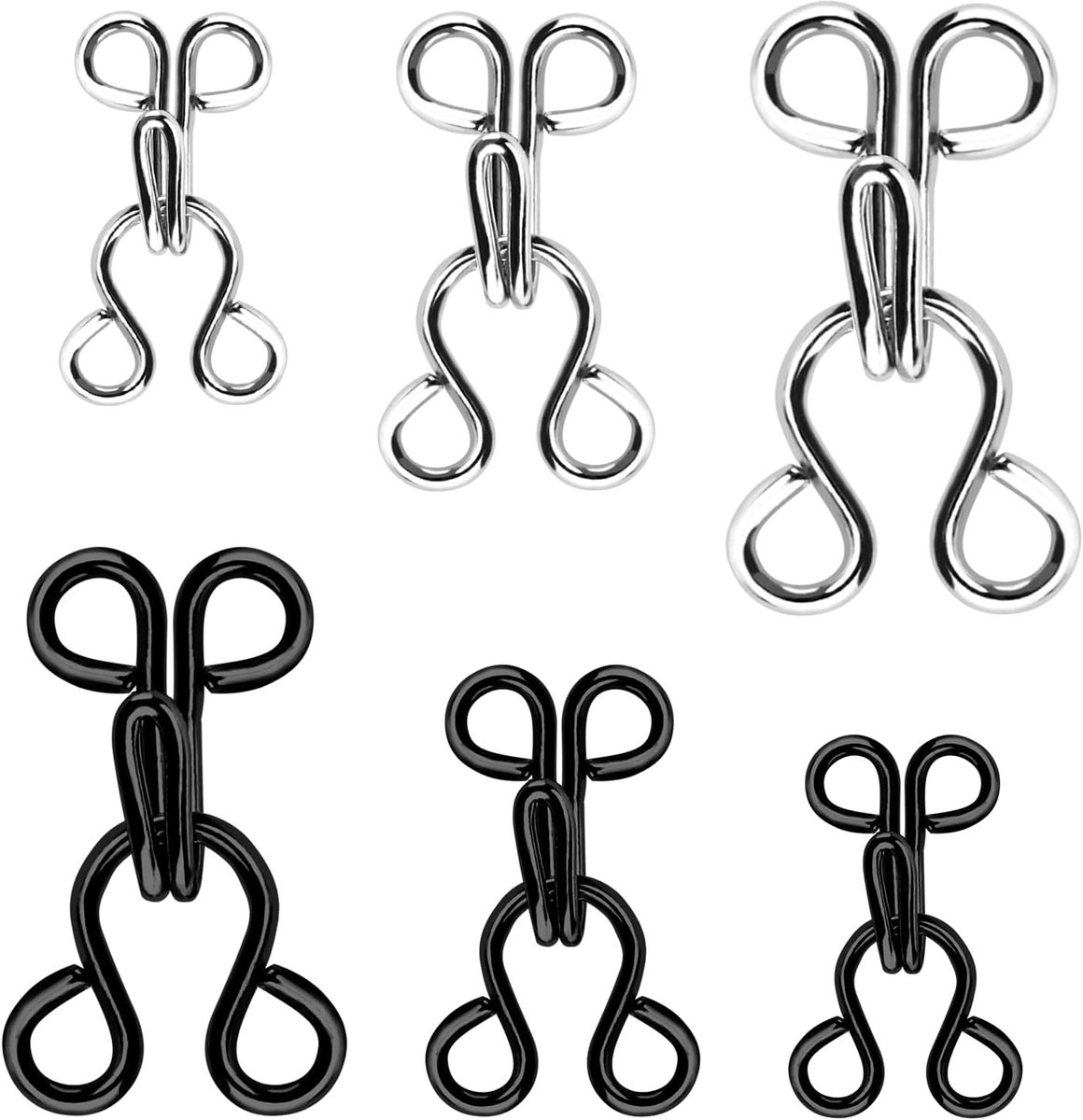 60 Sets Haken en Ogen Sluitingen voor Kledingreparatie DIY Naaiwerk 3 Maten Zwart Zilver
