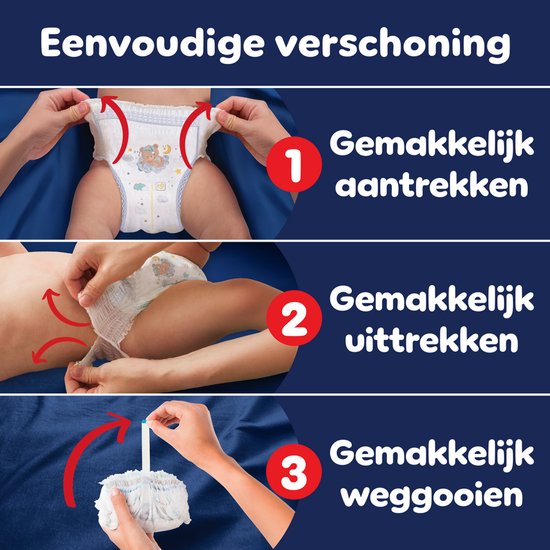 Instructies voor het aantrekken, uittrekken en weggooien van Pampers nachtbroekjes.