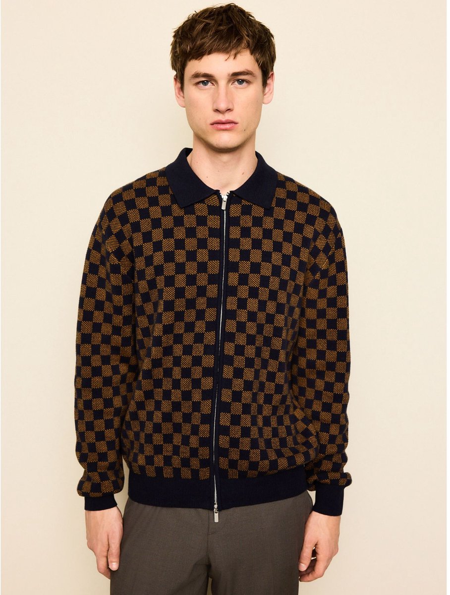 Next - Heren - Regular Fit Geo Pattern Zip-Through Collared Cardigan - Blauw