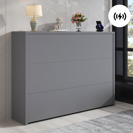 OKWISH Inklapbaar Bureau - 2-in-1 Dressoir En Werkplek - Met Draadloos Opladen En Wielen - Donkergrijs - 115x27x93 cm