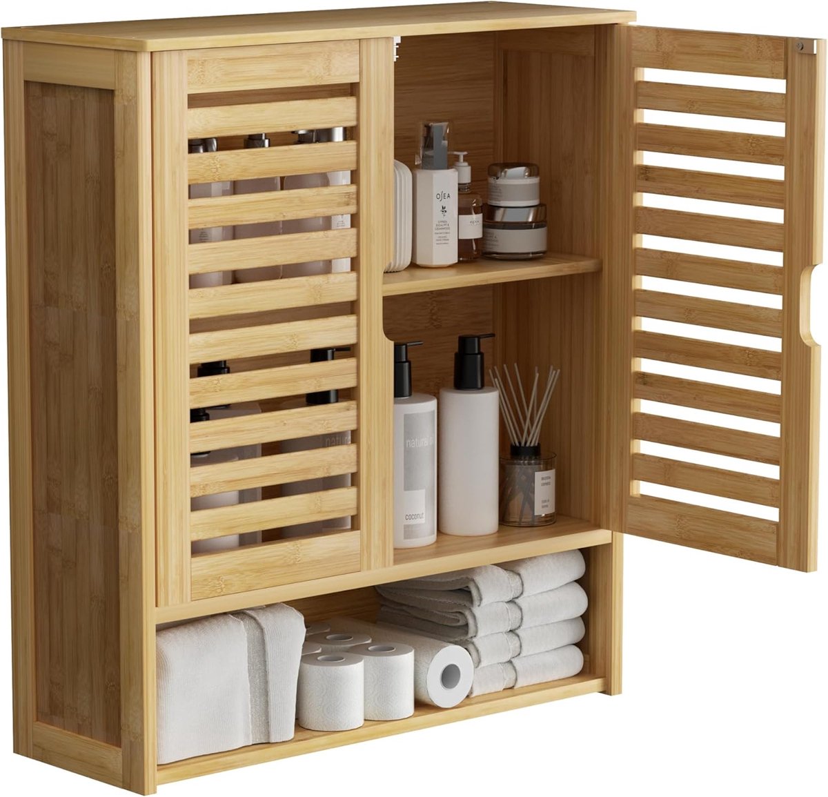 unho bamboe badkamerkastje voor wandmontage – opbergrek voor boven het toilet – medicijnkastje met 2 magnetische deuren – verstelbare planken