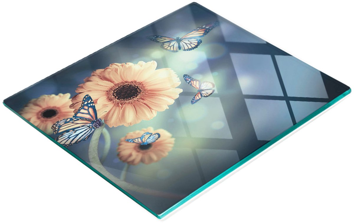 Gehard multifunctioneel decoratief bord van glas met gerbera-bloemmotief, 60x52 cm