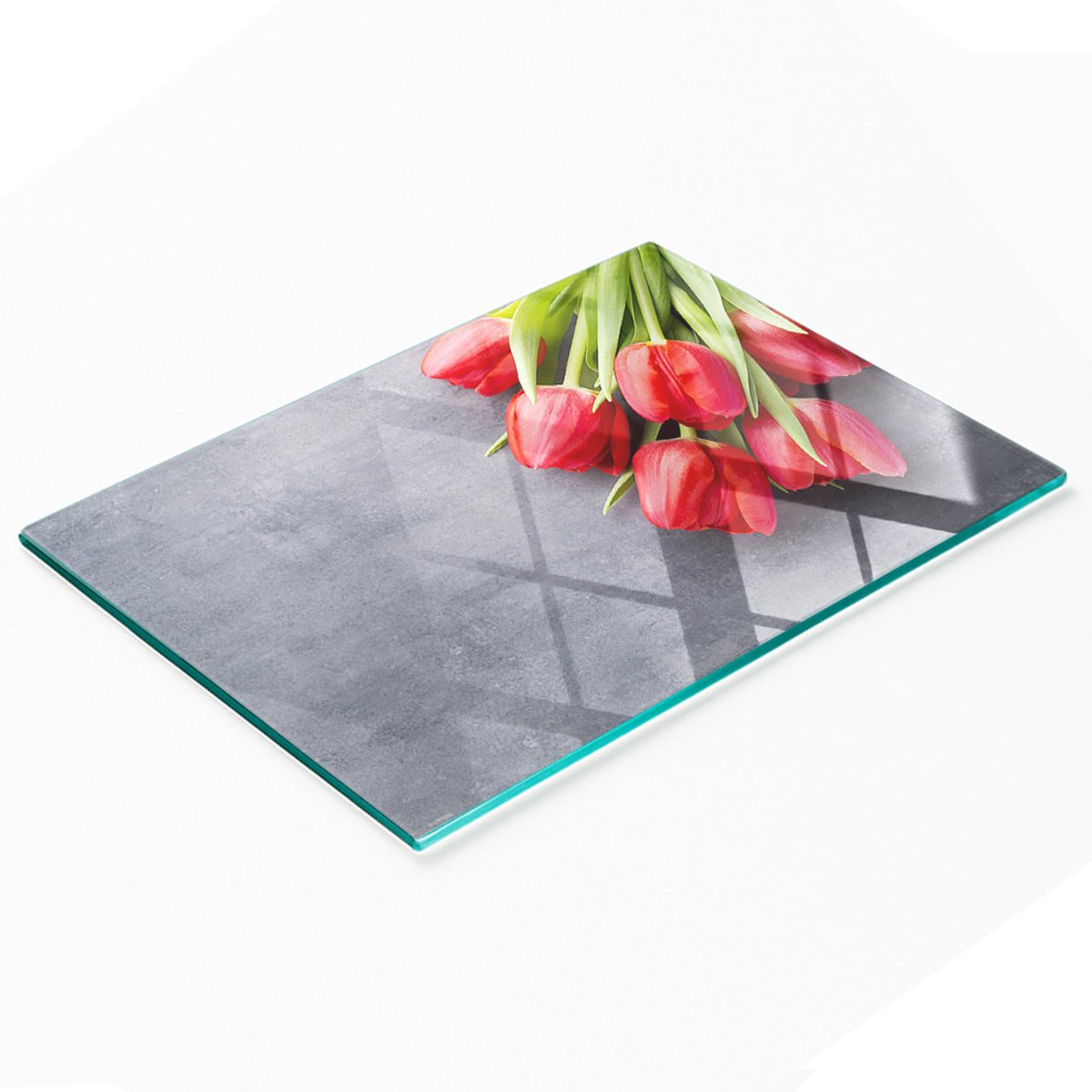 Decoratieve glazen snij- en serveerplank met rode tulpen, 80x52 cm