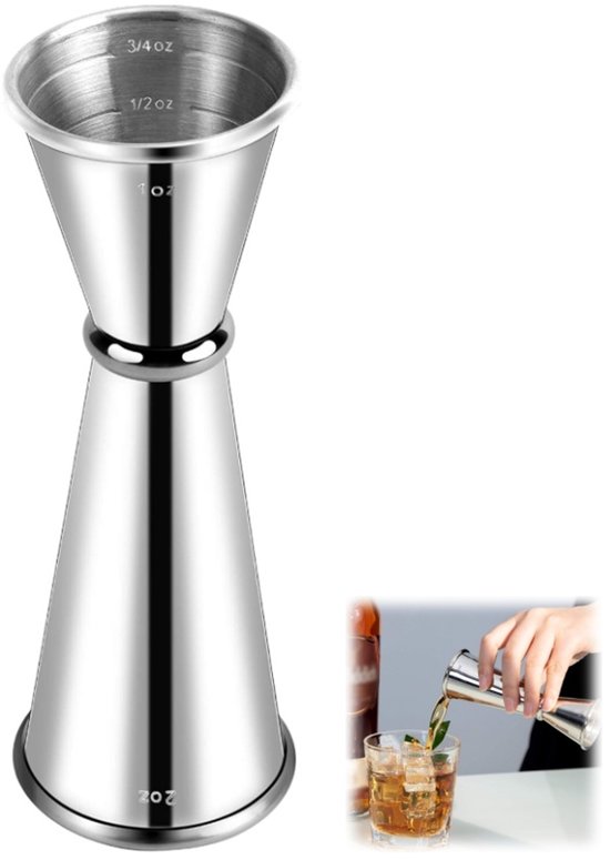 Foto: Dubbelzijdige cocktailmaatbeker maatbeker van ounces barmaatbeker maatbeker van 30 60 ml cocktailgereedschap met schaalverdeling geschikt voor thuis restaurant en bar zilverkleurig 12 9 x 4 6 cm