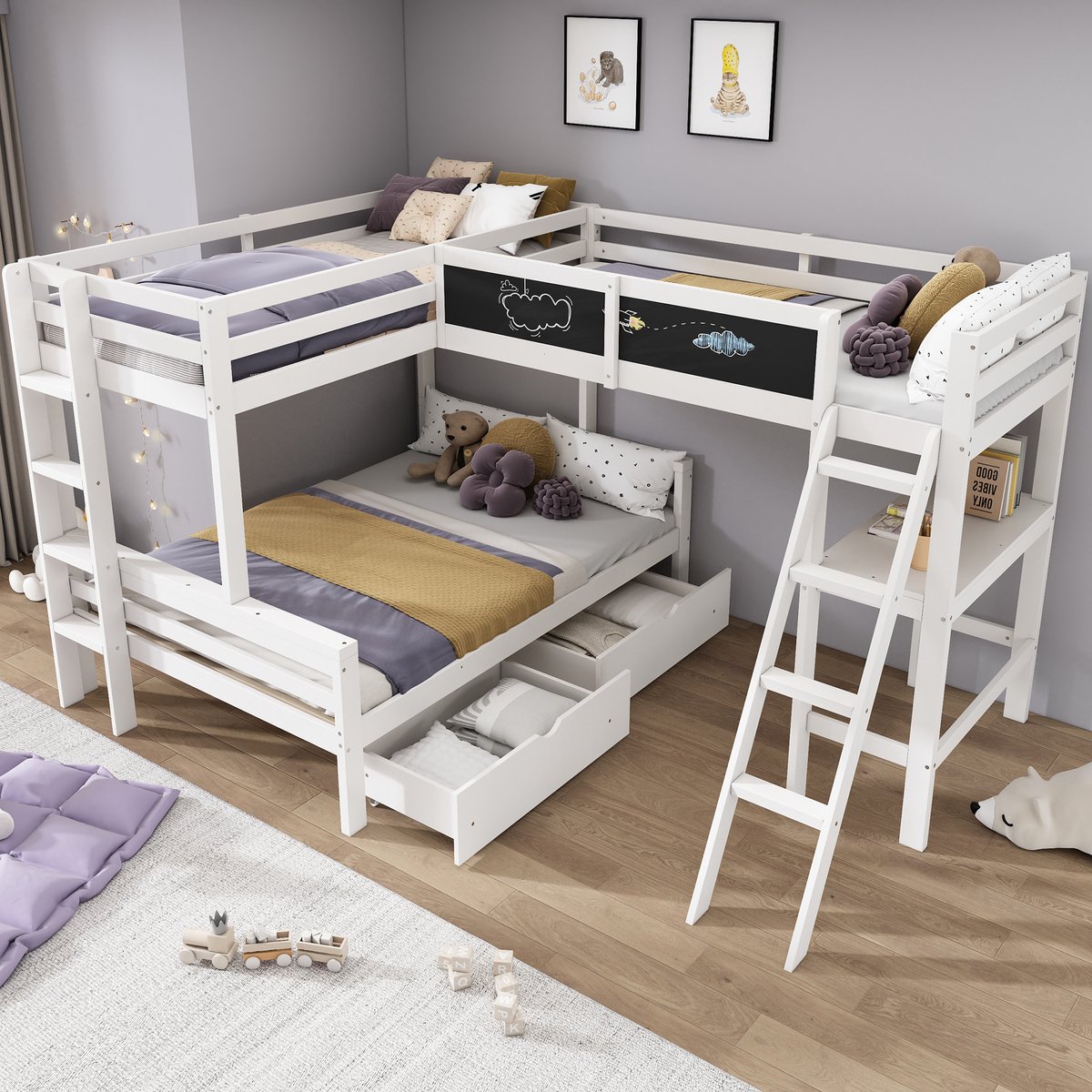 MODENUIT Kinderhoogslaper 140x200 cm – Met 2 Bedden 90x200 cm en Bureau – Opberglades – Massief Hout – Zonder matras – Wit/Eiken