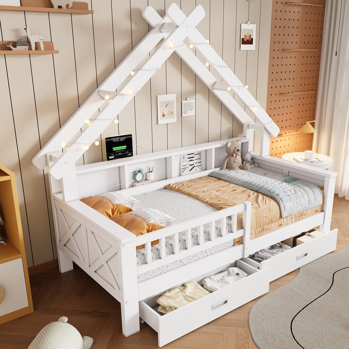 MODENUIT Huisbed 90x200 cm – Met LED-verlichting – Met planken en 2 lades – Met uitvalbeveiliging – Zonder matras – Wit