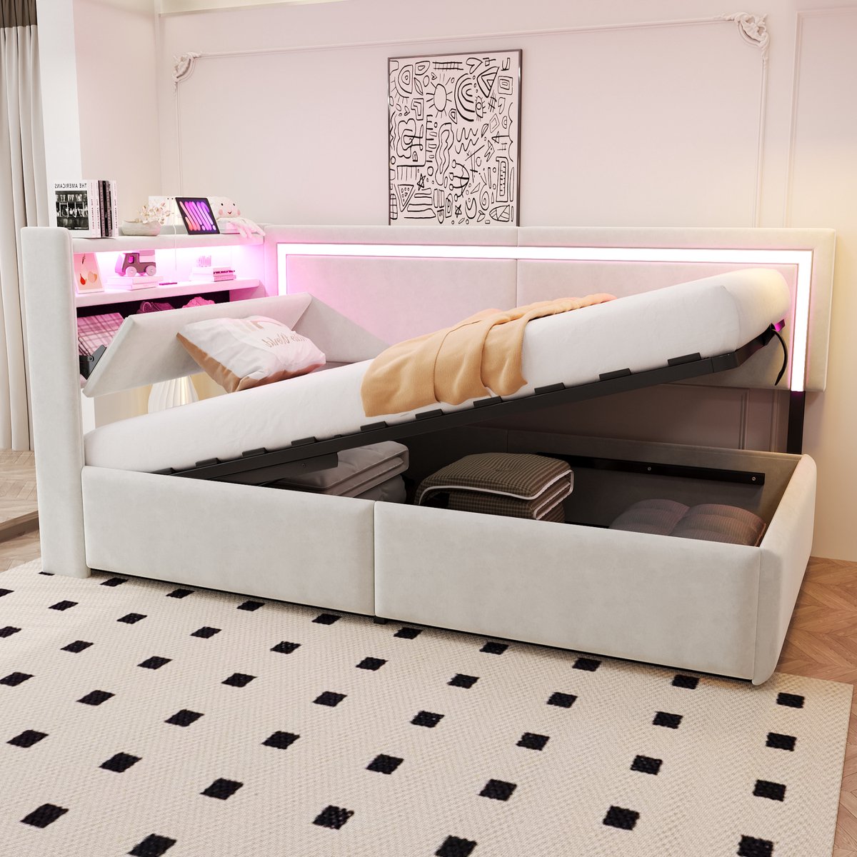 MODENUIT Gestoffeerd Slaapsofa 90x200 cm – Met LED en usb-poorten – Hydraulische Opbergruimte – Zonder matras – Beige