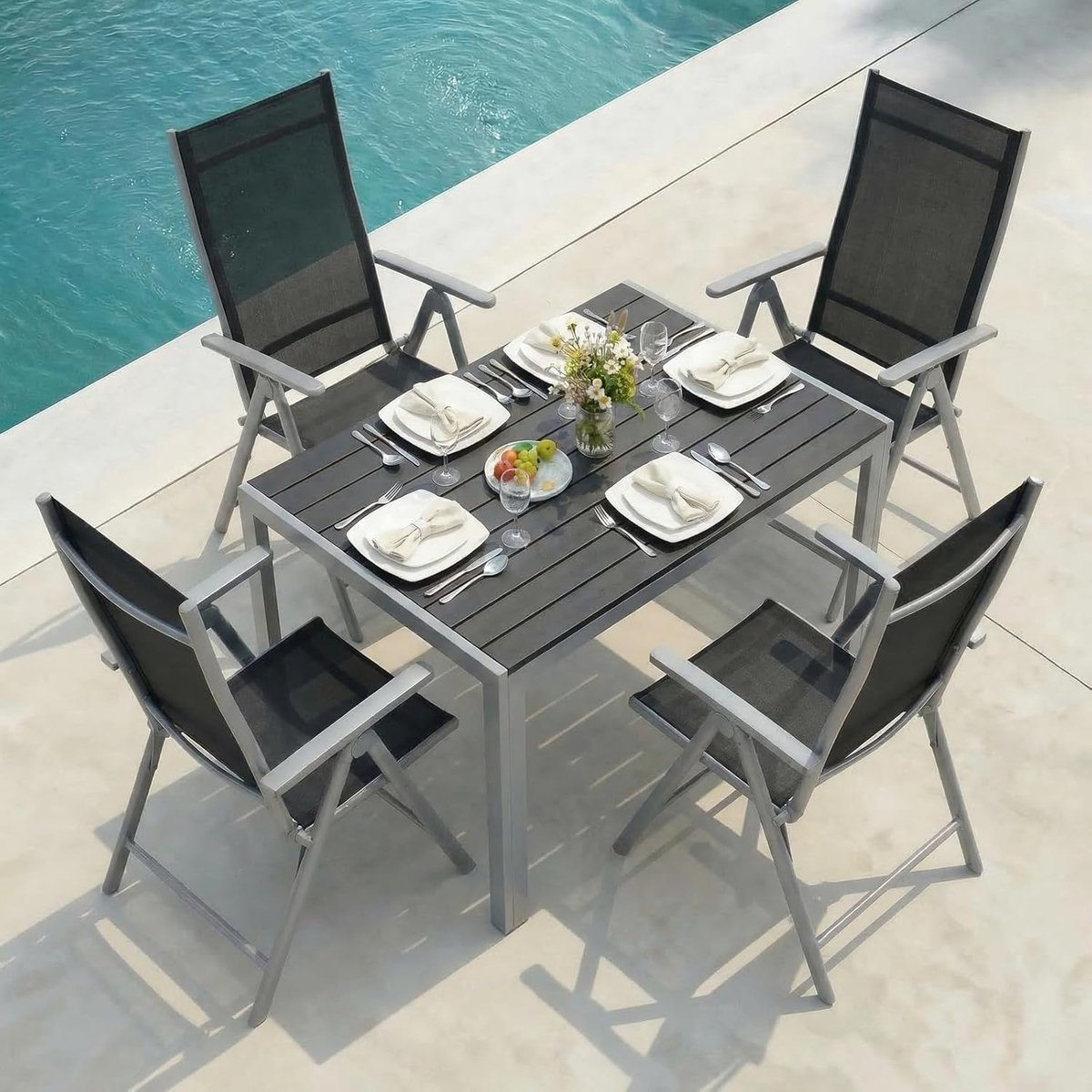 Tuinmeubelset 5-delig 110x70x73 cm – Aluminium Tuinset met Verstelbare Klapstoelen en WPC Tafel, Lichtgewicht & Weerbestendig Balkon en Terras Set – NoviHome