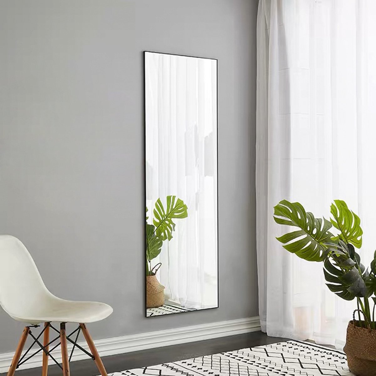 Staande spiegel 150x40cm, grote spiegel met zwart aluminium frame, grote wandspiegel (staand of hangend) voor woonkamer en slaapkamer