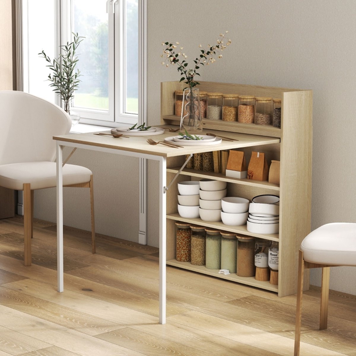 Wishdor - Klapbare Eettafel Met Opbergplanken - Industriële Stijl - Voor Kleine Ruimtes - Hout - Eiken - 78,5 X 91 X 93 Cm