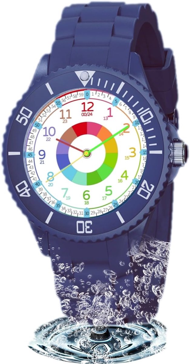 Kinderhorloge Educatief - Polsband Kind - Leren Klokkijken - Draaibare Oefenring - 35mm Kast 210mm Band - Blauw