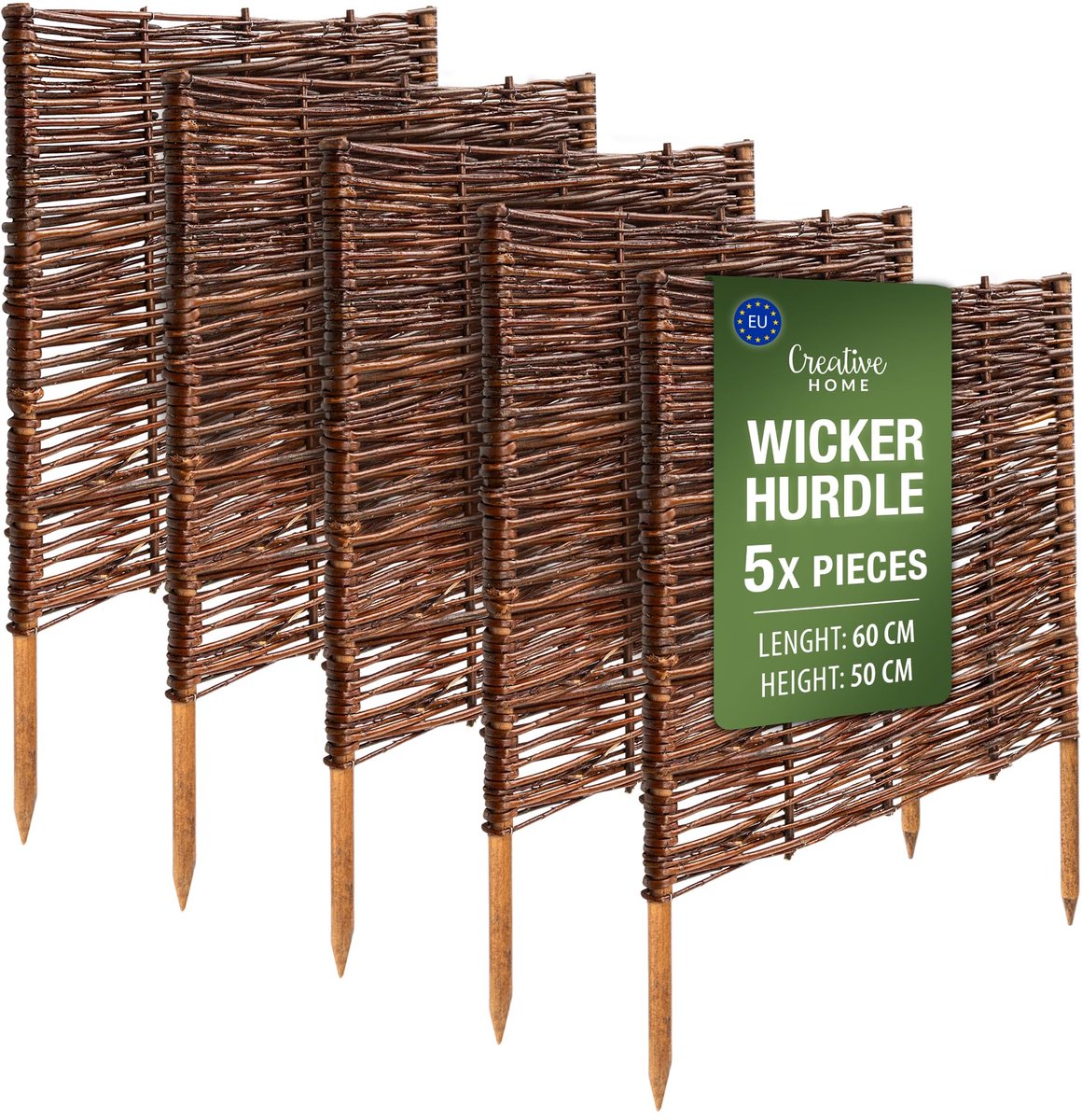 Creative Home rieten bedrand rieten schutting set van 5 | 60 x 50 cm (+/- 1 cm) | tuinafscheiding bedrand piket schutting | gazonafscheiding bedrand | decoratieve schutting tuin