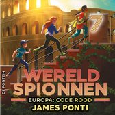 Drie kinderen rennen een trap op voor het Colosseum. "WERELD SPIONNEN EUROPA: CODE ROOD JAMES PONTI" staat in grote letters.