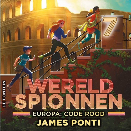 Drie kinderen rennen een trap op voor het Colosseum. "WERELD SPIONNEN EUROPA: CODE ROOD JAMES PONTI" staat in grote letters.
