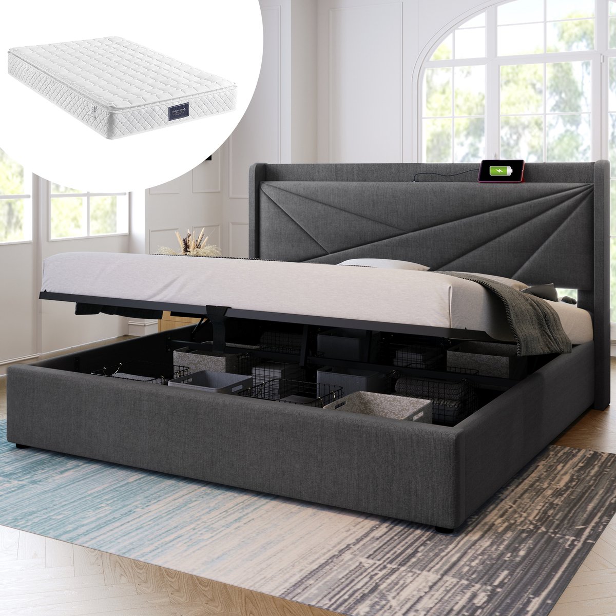 MODENUIT Gestoffeerd Bed 140x200 cm – Opbergbed Met Laadfunctie – Liftbodem Met Bedkist – Linnen – Grijs – Met Matras