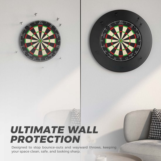Dartbord met zwarte, rode en groene segmenten, aan de muur bevestigd met een zwarte surround.
