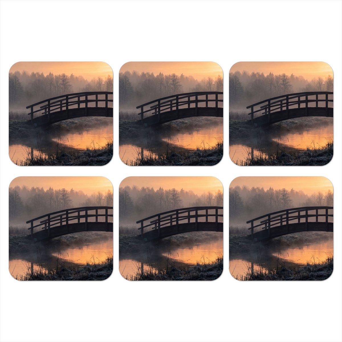 Onderzetters voor glazen - Brug - Mist - Bomen - Water - 10x10 cm - Glasonderzetters - 6 stuks