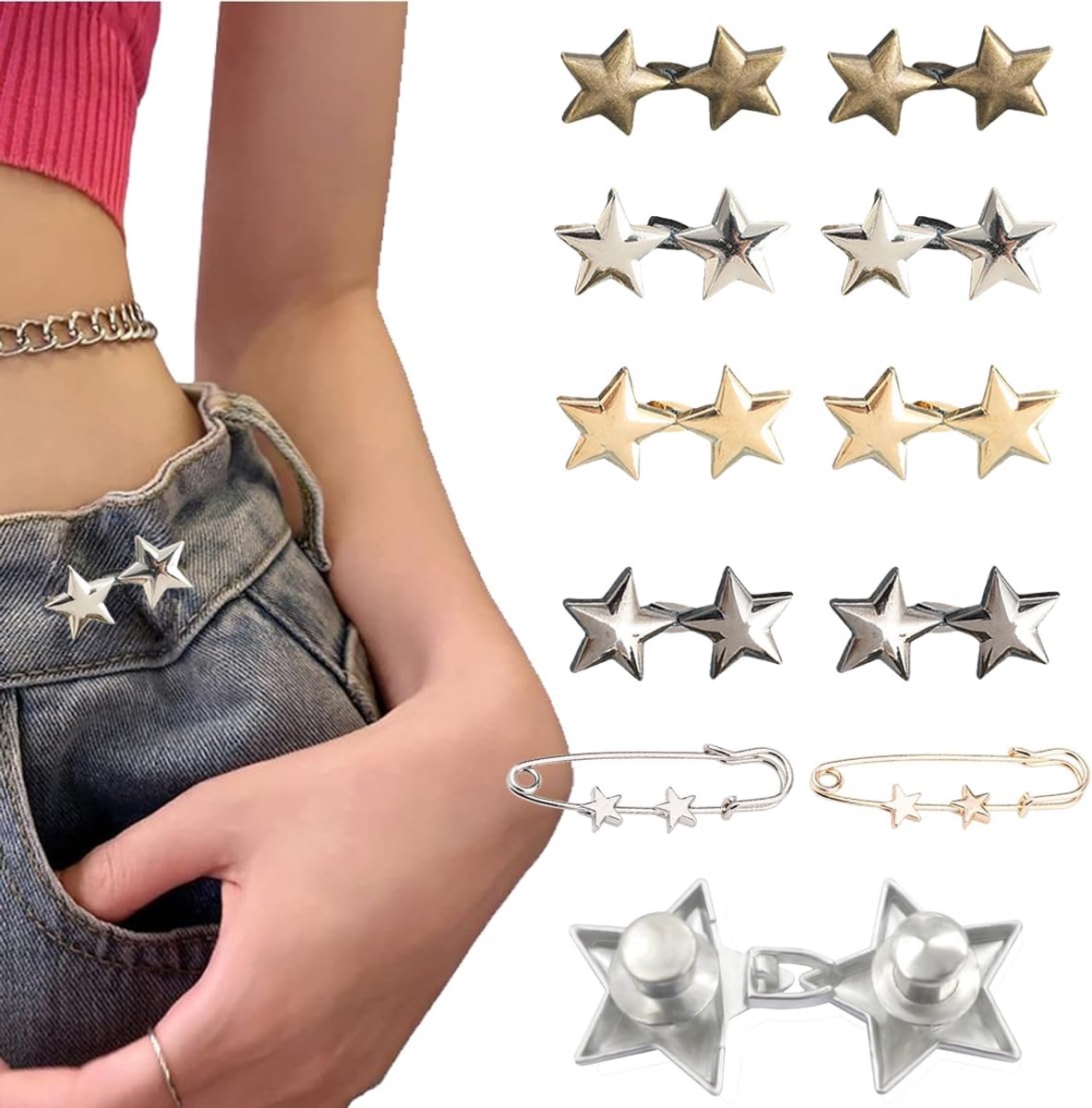 Broektaille-aanspanner, 8 sets verstelbare pentagramknopen voor jeans, direct verwijderbare jeansknopen voor te wijde jeans, geen naaien nodig, broekclips voor taille-aanspanner, knoopspelden voor broeken.
