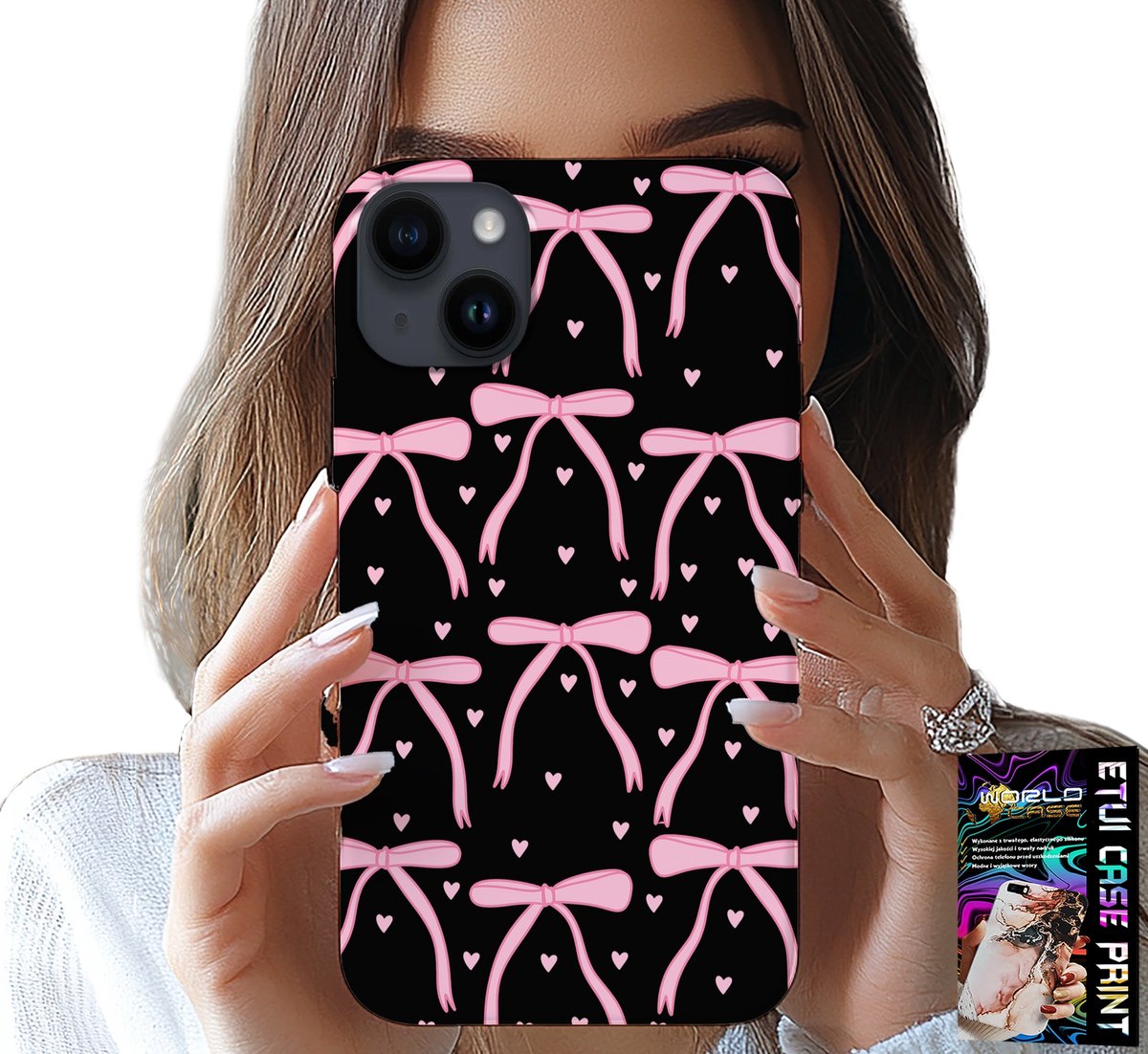iPhone 15 hoesje - Zwart met roze linten