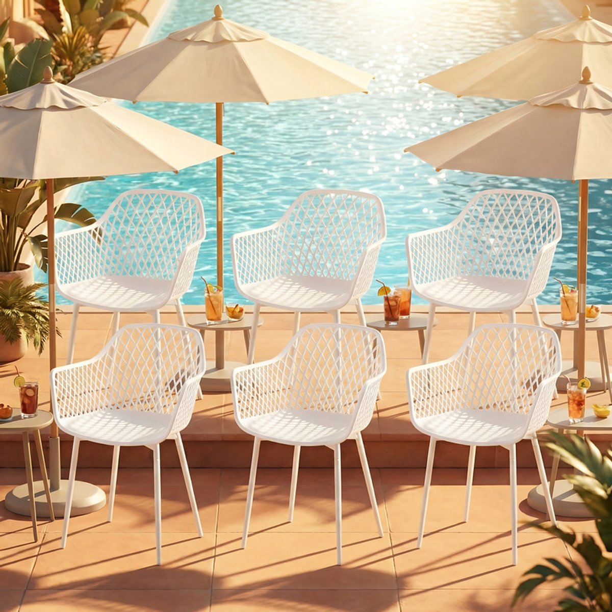 EGGREE Tuinstoelen set van 6 - kunststof tuinstoel met armleuningen - loungestoel - weerbestendige tuinstoel voor tuin - balkon- en terrasstoelen - bistrostoel - balkonmeubilair - klein balkon - Wit