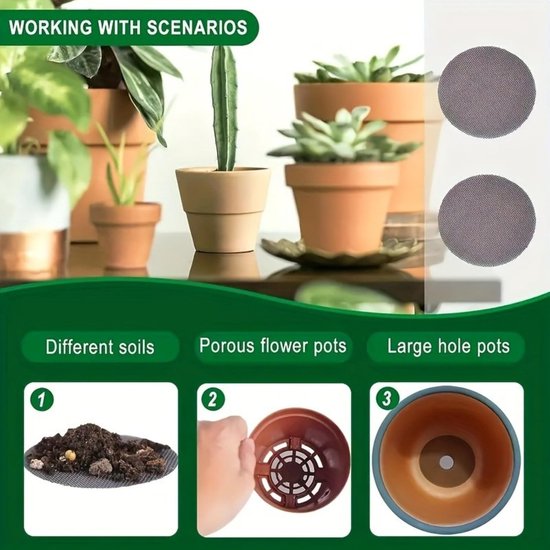 Bloempot Gaas Pads - 50 Stuks - 10X10CM - Ademend Plastic Gaas voor Bloempot Bodem - Bloempotvoering - Insectenwerende mat voor onder potplanten - Grondkerend gaasmatje - Ronde Drainageschermen om Bodemverlies te Voorkomen - Zwart van Merkloos	 — afbeelding 5