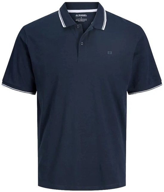 Donkerblauw poloshirt met witte kraag- en mouwstrepen en een klein 'R' logo.