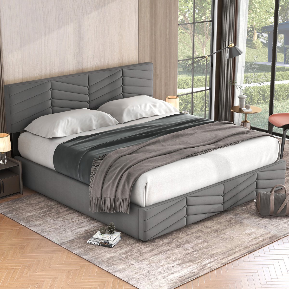 MODENUIT Gestoffeerd bed 180x200 cm – Verstelbaar hoofdbord – Hydraulische opbergruimte – Met lattenbodem – Zonder matras – Grijs