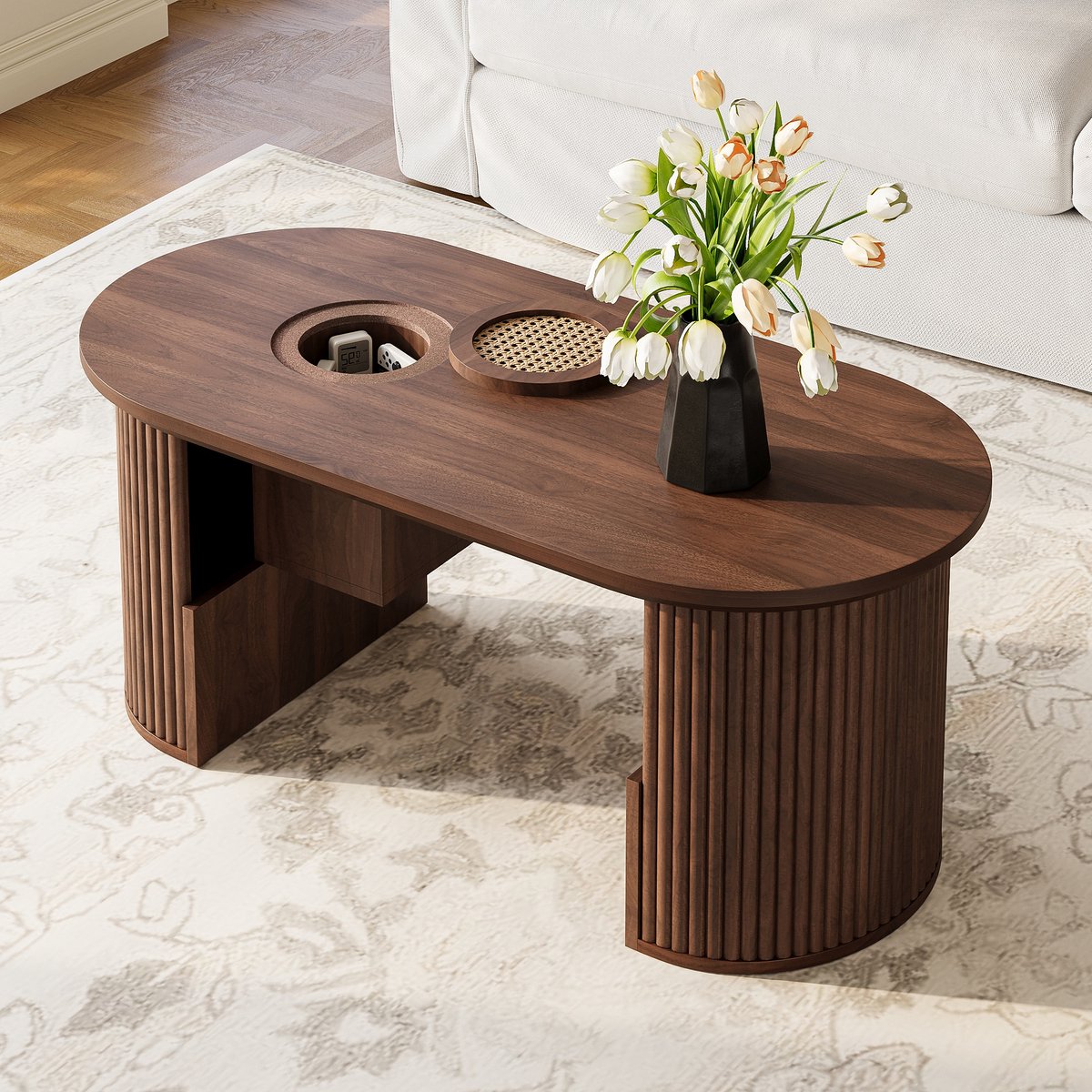 Wishdor - Salontafel - Ovale Vorm En Opbergruimte - Scandinavische Stijl - Woonkamer - MDF - Walnootkleur - 105 X 50 X 46,5 Cm
