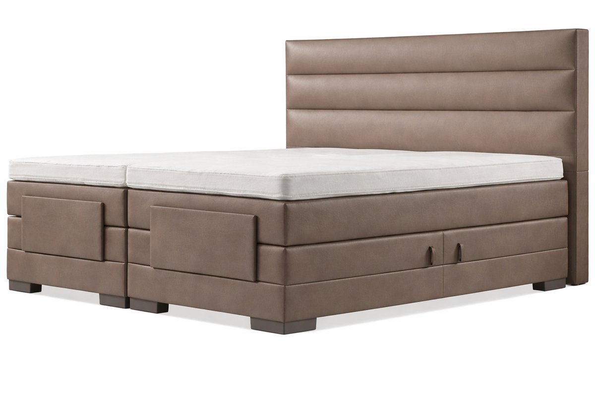 Elektrische Boxspring - 160x200 - Incl. Horizontaal hoofdbord - Taupe lederlook met plint