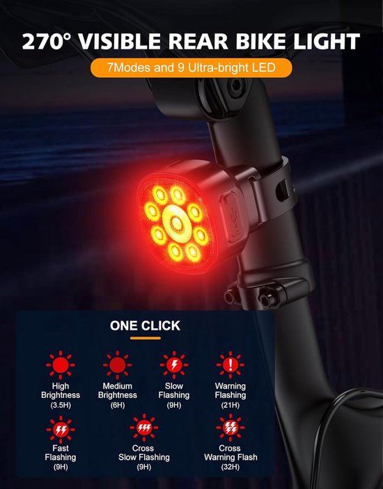 Fietsverlichting - Koplamp voor racefiets - Veiligheidsachterlicht - Set voor en achter - Duurzame aluminiumlegering - 7 standen - USB-oplaadbaar - IP65 waterdicht - Zwart — afbeelding 5
