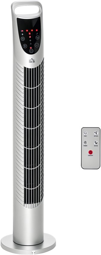 Torenventilator stil zilver 40W met afstandsbediening 3 snelheden oscillerend compact binnengebruik