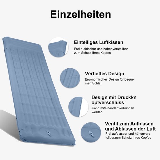 GOODEVN Slaapmat zelfopblazend 197 x 71 cm - Ultra Dik 12 cm Luchtbed met Ingebouwde Voetpomp - Draagkracht tot 200 kg - Camping matras - Slaapmatje - Blauw van Merkloos — afbeelding 2