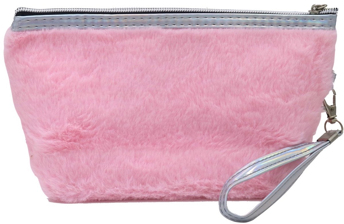 Make-up tas - fluffy - roze - 24x13x8 cm