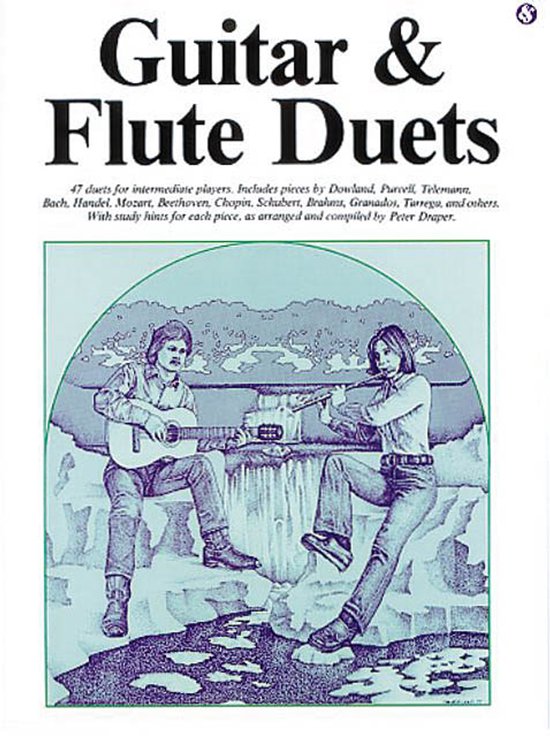Boekomslag met de titel 'Guitar & Flute Duets'. Twee personen spelen muziek bij een waterval.
