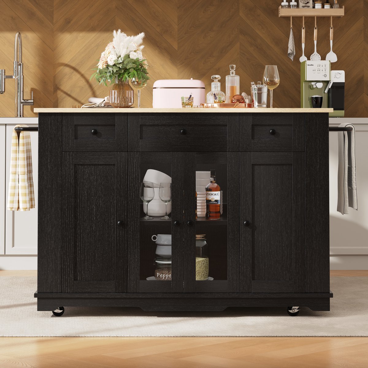 Wishdor Keukeneiland - Uitklapbaar Blad En Verstelbare Indeling - Modern - Voor Keuken - MDF, Metaal En Glas - Zwart/Naturel Zwart+Natuurlijk